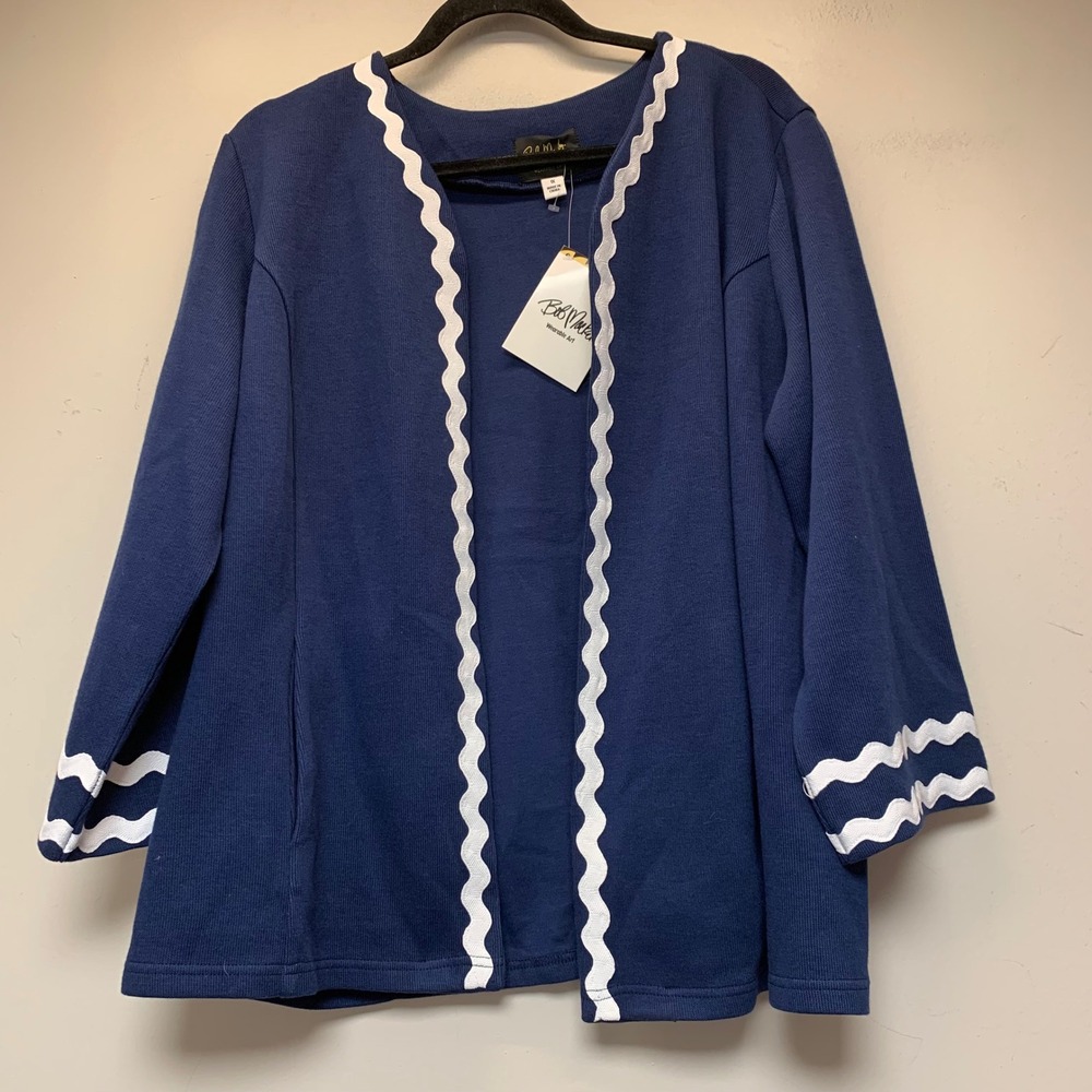 Bob Mackie Cardigan Womens 1X Navy Blue NWT Ric Rac Trim Wearable Art Open Front